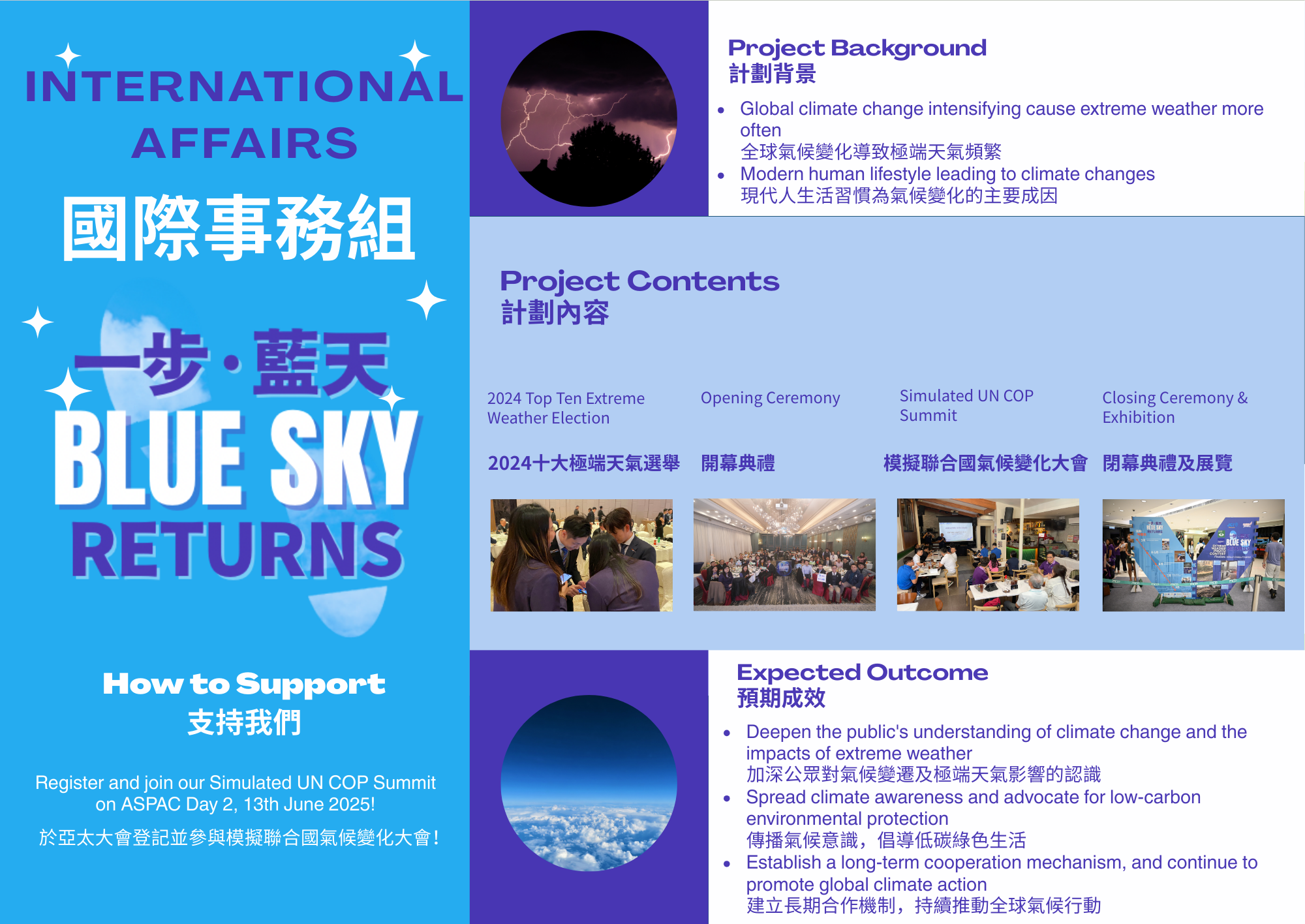 JCI Peninsula's 'Blue Sky Returns' project infographic: addressing climate change impacts, project contents like 2024 Top Ten Extreme Weather Election & Simulated UN COP Summit, and aims to deepen climate understanding and promote global action.
